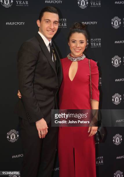 Matteo Darmian of Manchester United arrives with his partner at Old Trafford ahead of the club's annual Player of the Year awards at Old Trafford on...