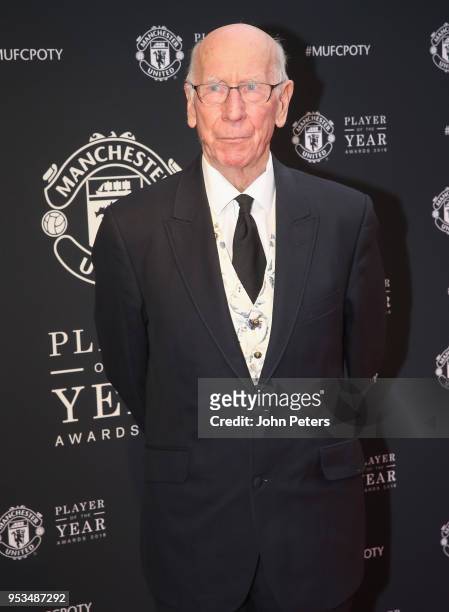 Sir Bobby Charlton of Manchester United arrive at Old Trafford ahead of the club's annual Player of the Year awards at Old Trafford on May 1, 2018 in...