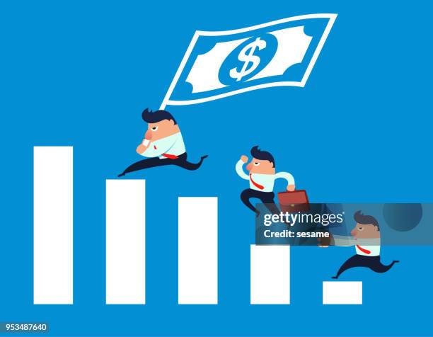 geschäftsmann mit der fahne die begleiter führen auf das balkendiagramm zu führen - bar graph vector stock-grafiken, -clipart, -cartoons und -symbole