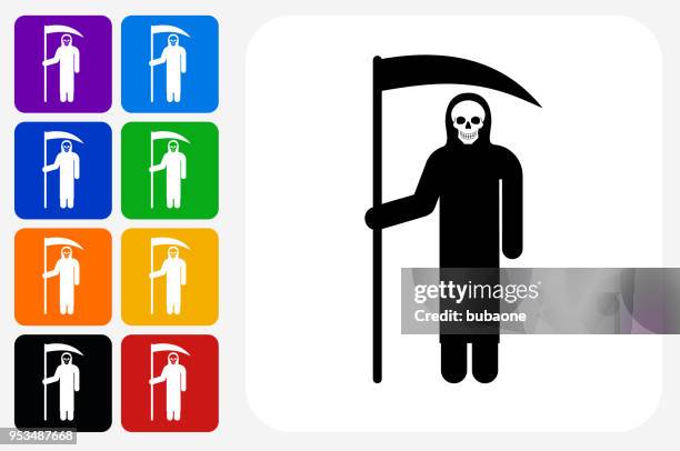 grim reaper holding scythe icon square button set - grim reaper vector stock illustrations