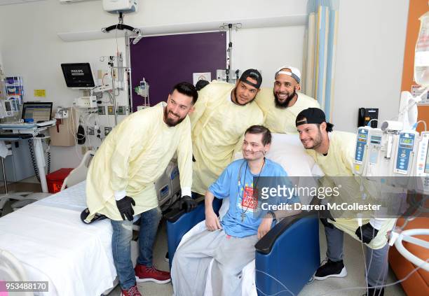 Red Sox players Rick Porcello, Edourdo Rodriguez, David Price, and Joe Kelly visit Liam at Boston Children's Hospital May 1, 2018 in Boston,...