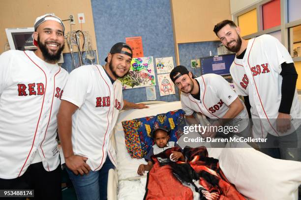 Red Sox players David Price, Edourdo Rodriguez, Koe Kelly, and Rick Porcello visit Jordan at Boston Children's Hospital May 1, 2018 in Boston,...