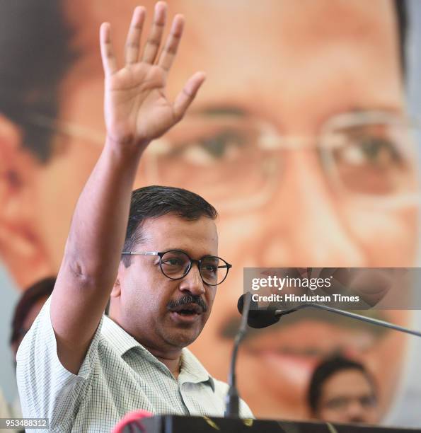 Delhi Chief Minister Arvind Kejriwal addresses labourers and employees during the Delhi Shramik Sammelan on the occasion of International Labour day...