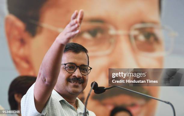 Delhi Chief Minister Arvind Kejriwal addresses labourers and employees during the Delhi Shramik Sammelan on the occasion of International Labour day...