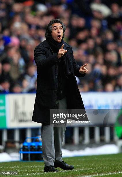 Swansea City manager Paulo Sousa shouts instructions form the touchline during the Coca-Cola Championship match between Reading and Swansea CIty at...