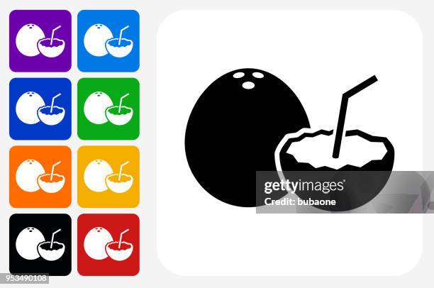 coconut drink icon square button set - green coconuts stock illustrations