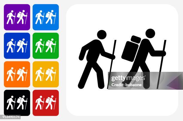 two people hiking icon square button set - hiking gear stock illustrations