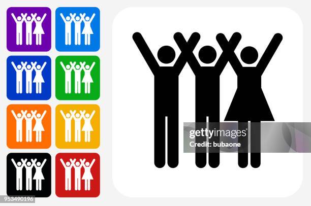 three people raising hands icon square button set - stick figure arms raised stock illustrations