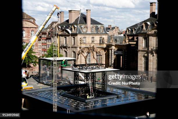 Mammoth skeleton on a lifting platform, part of the installation 'Mammuthus Volantes' by French artist and architect Jacques Rival, is seen behind...