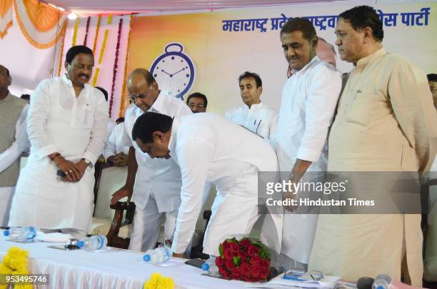 Jayant Patil seeks blessing of NCP Chief Sharad Pawar after he was elected as Maharashtra president of Nationalist Congress Party at Nisarg Mangal...