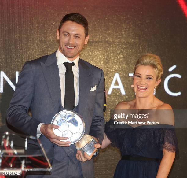 Nemanja Matic of Manchester United is interviewed by host Helen Skelton at the club's annual Player of the Year awards at Old Trafford on May 1, 2018...