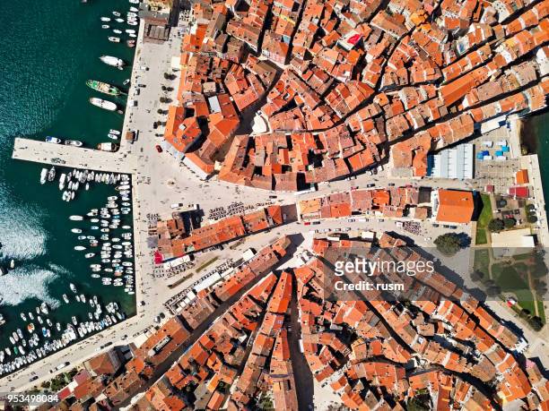 top aerial view of old town rovinj. istria, croatia. - rovinj stock pictures, royalty-free photos & images