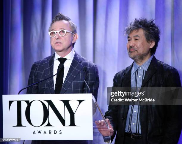 Thomas Schumacher and David Henry Hwang attend the 2018 Tony Awards Nominations Announcement at The New York Public Library for the Performing Arts...