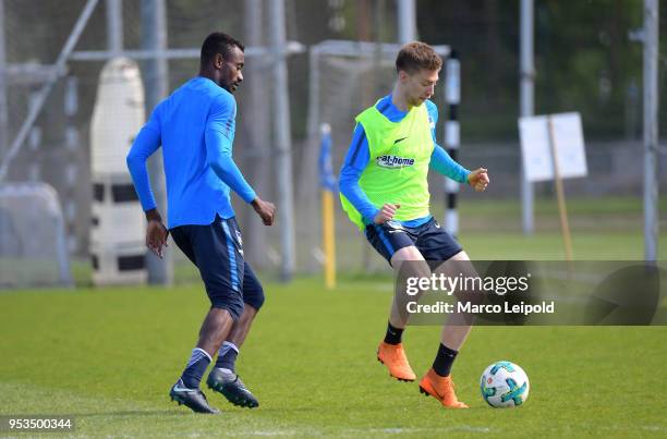 Salomon Kalou and Mitchell Weiser of Hertha BSC during the training at Schenkendorfplatz on May 1, 2018 in Berlin, Germany.