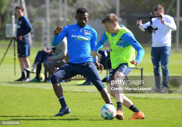 Salomon Kalou and Mitchell Weiser of Hertha BSC during the training at Schenkendorfplatz on May 1, 2018 in Berlin, Germany.