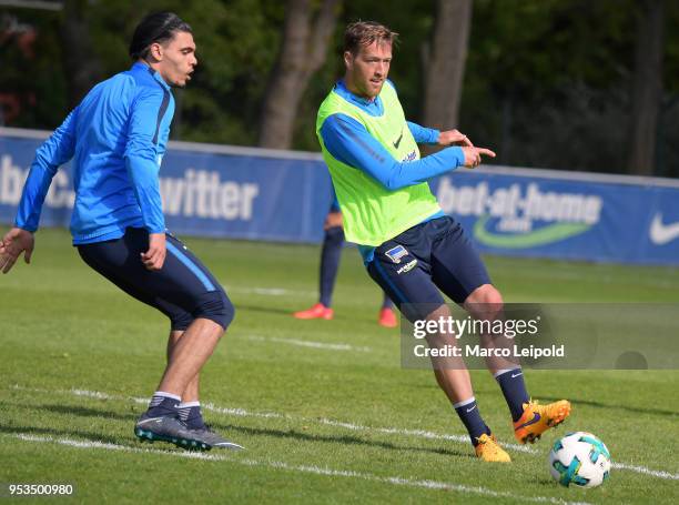 Karim Rekik and Julian Schieber of Hertha BSC during the training at Schenkendorfplatz on May 1, 2018 in Berlin, Germany.