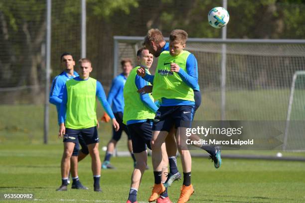 Ondrej Duda, Per Skjelbred and Mitchell Weiser of Hertha BSC during the training at Schenkendorfplatz on May 1, 2018 in Berlin, Germany.