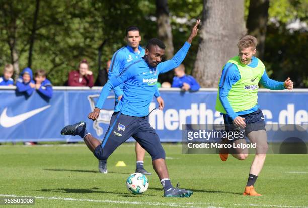 Salomon Kalou and Mitchell Weiser of Hertha BSC during the training at Schenkendorfplatz on May 1, 2018 in Berlin, Germany.