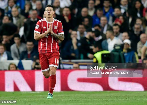 Bayern Munich's Colombian midfielder James Rodriguez celebrates a goal during the UEFA Champions League semi-final second leg football match between...