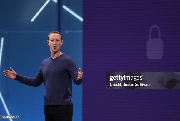 Facebook CEO Mark Zuckerberg speaks during the F8 Facebook Developers conference on May 1, 2018 in San Jose, California. Facebook CEO Mark Zuckerberg...