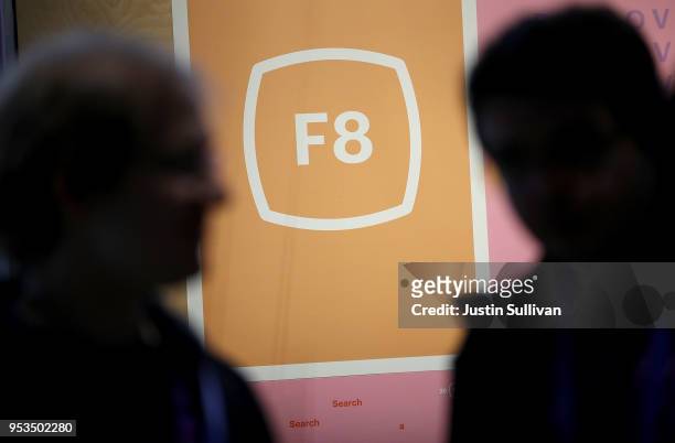 The Facebook F8 logo is displayed during the F8 Facebook Developers conference on May 1, 2018 in San Jose, California. Facebook CEO Mark Zuckerberg...