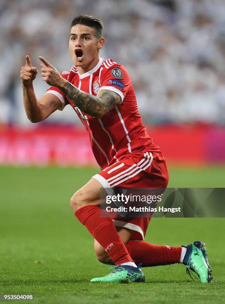 James Rodriguez of Bayern Muenchen reacts during the UEFA Champions League Semi Final Second Leg match between Real Madrid and Bayern Muenchen at the...