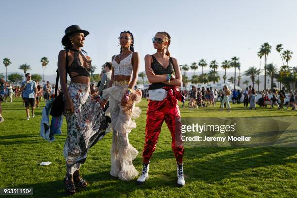 Jasmine Tookes, Lais Ribeiro and Romeo Strijd during day 1 of the 2018 Coachella Valley Music & Arts Festival Weekend 1 on April 13, 2018 in Indio,...