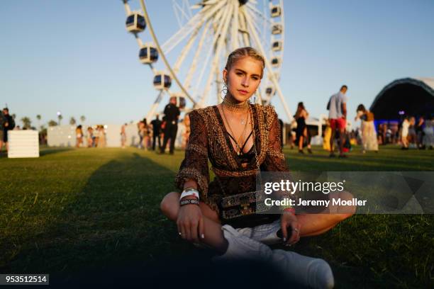 Caroline Daur wearing a complete Dior look during day 2 of the 2018 Coachella Valley Music & Arts Festival Weekend 1 on April 14, 2018 in Indio,...