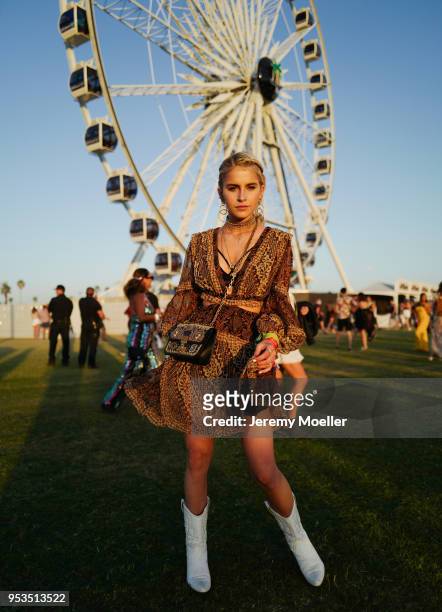 Caroline Daur wearing a complete Dior look during day 2 of the 2018 Coachella Valley Music & Arts Festival Weekend 1 on April 14, 2018 in Indio,...