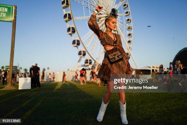 Caroline Daur wearing a complete Dior look during day 2 of the 2018 Coachella Valley Music & Arts Festival Weekend 1 on April 14, 2018 in Indio,...