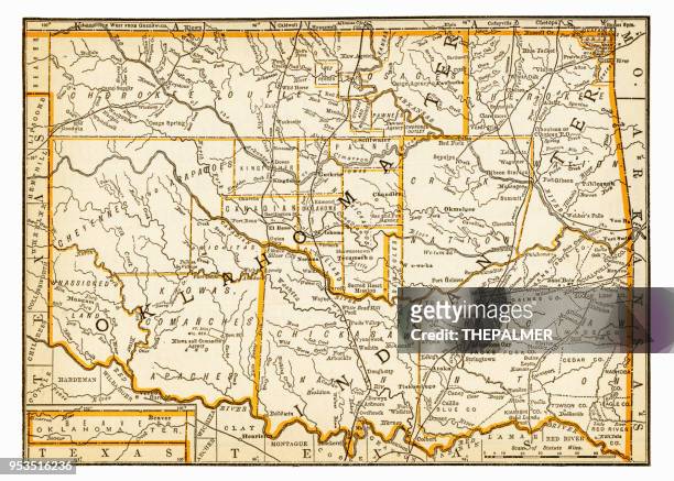 map of oklahoma and indiana 1893 - oklahoma stock illustrations