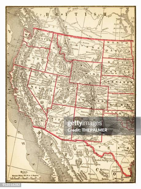 stockillustraties, clipart, cartoons en iconen met kaart van westelijk usa 1893 - oregon v arizona