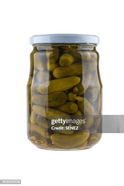 pickled gherkins, jar of deli styled pickles - essiggurke stock-fotos und bilder