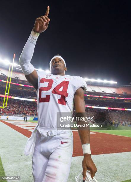 Quenton Meeks of the Stanford Cardinal leaves the stadium after the Pac-12 football title game against the USC Trojans played on December 1, 2017 at...