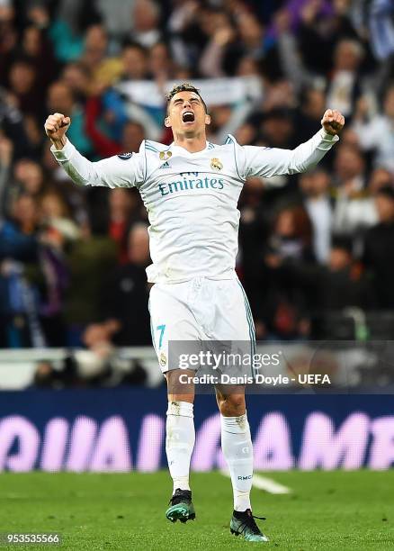 Cristiano Ronaldo of Real Madrid celebrates after his team drew 2-2 against Bayern Muenchen to qualify for the final during the UEFA Champions League...