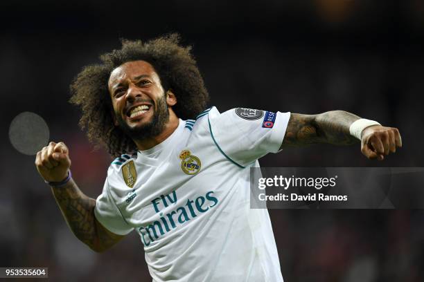 Marcelo of Real Madrid celebrates as they reach the final after the UEFA Champions League Semi Final Second Leg match between Real Madrid and Bayern...