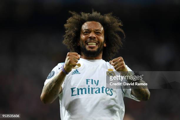 Marcelo of Real Madrid celebrates as they reach the final after the UEFA Champions League Semi Final Second Leg match between Real Madrid and Bayern...