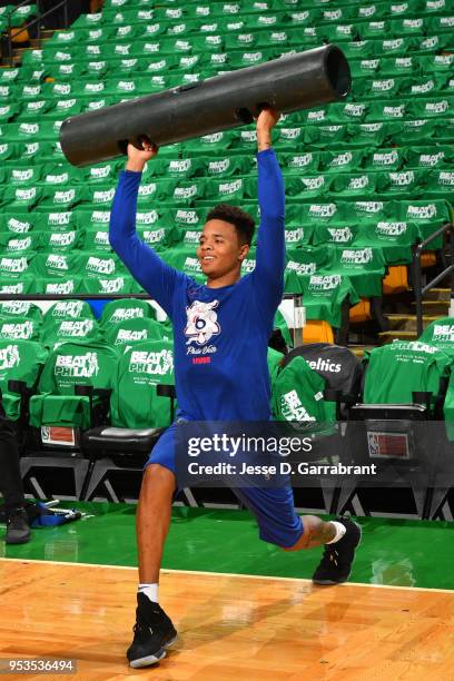 Markelle Fultz of the Philadelphia 76ers warms up prior to Game One of the Eastern Conference Semifinals of the 2018 NBA Playoffs against the Boston...