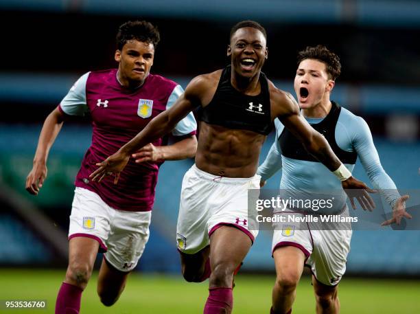 Rushian Hepburn-Murphy of Aston Villa celebrates after scoring his second goal during the Premier League 2 play off semi final match between Aston...