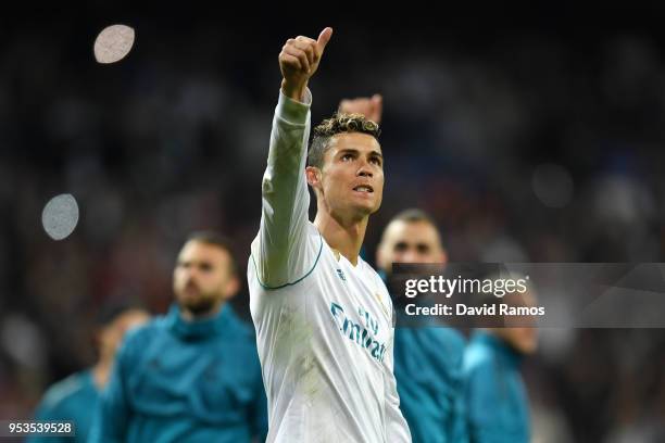 Cristiano Ronaldo of Real Madrid celebrates as they reach the final after the UEFA Champions League Semi Final Second Leg match between Real Madrid...