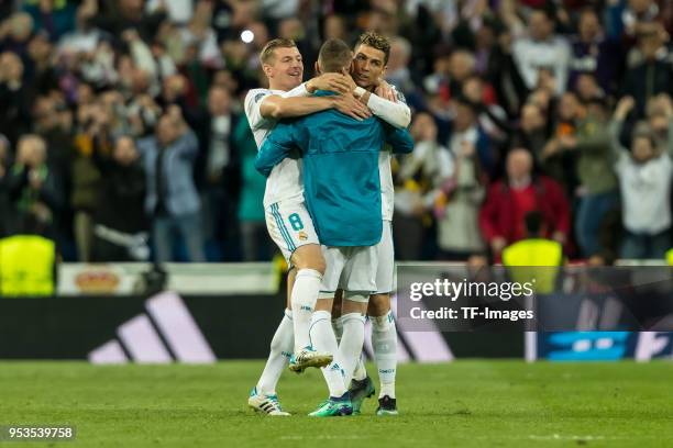 Toni Kroos of Real Madrid and Cristiano Ronaldo of Real Madrid celebrates after the UEFA Champions League Semi Final Second Leg match between Real...