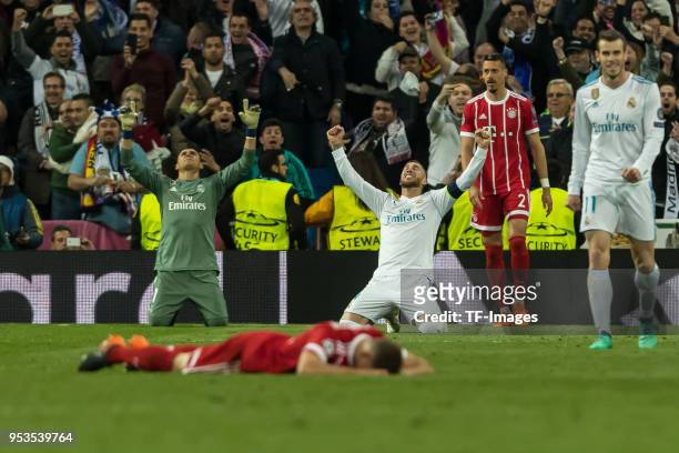 Goal keeper Keylor Navas of Real Madrid and Sergio Ramos of Real Madrid celebrates after the UEFA Champions League Semi Final Second Leg match...