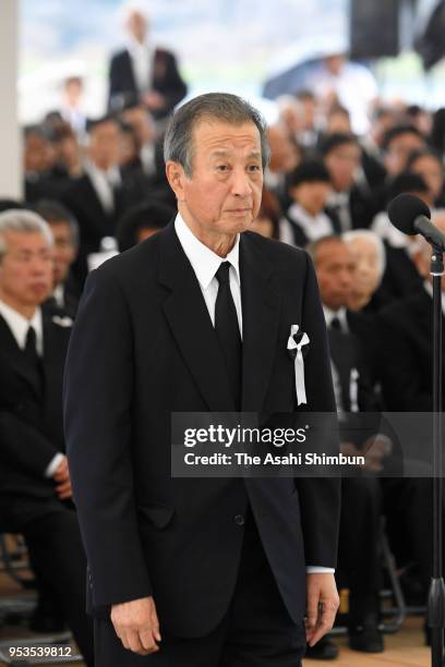 Chisso President Shunkichi Goto attends a memorial ceremony on the 62nd anniversary of the mercury-poisoning disease on May 1, 2018 in Minamata,...