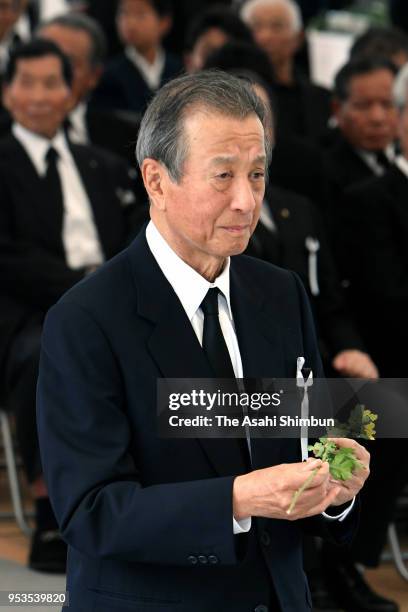 Chisso President Shunkichi Goto attends a memorial ceremony on the 62nd anniversary of the mercury-poisoning disease on May 1, 2018 in Minamata,...