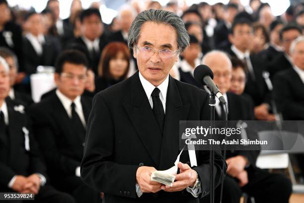 Representative of the Minamata Disease victims and family members attend a memorial on the 62nd anniversary of the mercury-poisoning disease on May...