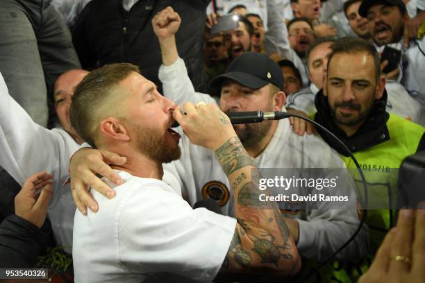 Sergio Ramos of Real Madrid of Real Madrid celebrates with fans as they reach the final after the UEFA Champions League Semi Final Second Leg match...