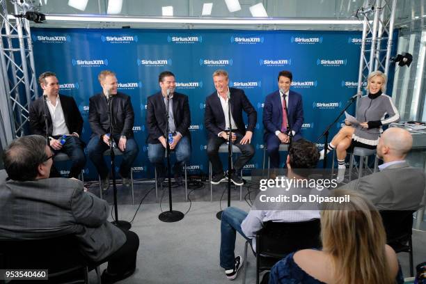 Jenny McCarthy interviews Ralph Macchio, William Zabka, Jon Hurwitz, Josh Heald, and Hayden Schlossberg at SiriusXM Studios on May 1, 2018 in New...