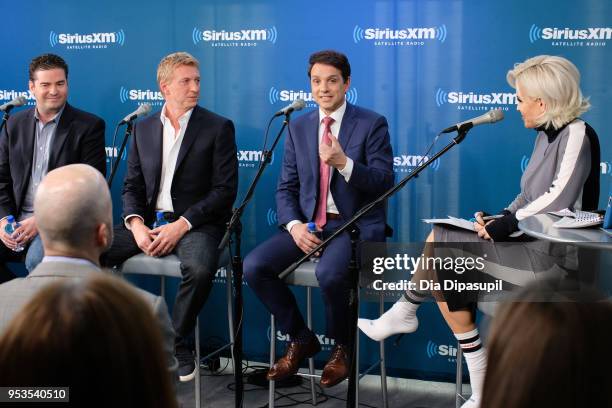 Jenny McCarthy interviews Ralph Macchio, William Zabka, and Jon Hurwitz at SiriusXM Studios on May 1, 2018 in New York City.