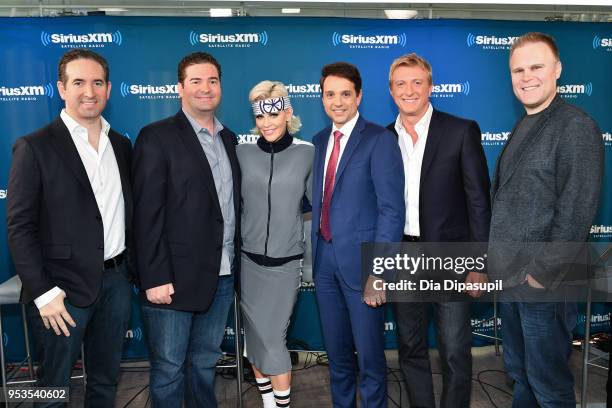 Hayden Schlossberg, Jon Hurwitz, Jenny McCarthy, Ralph Macchio, William Zabka, and Josh Heald at SiriusXM Studios on May 1, 2018 in New York City.