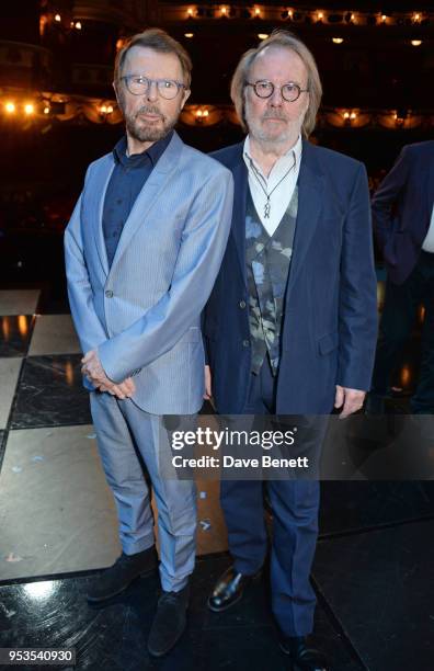 Bjorn Ulvaeus and Benny Andersson pose onstage during the press night performance of "Chess" at The London Coliseum on May 1, 2018 in London, England.